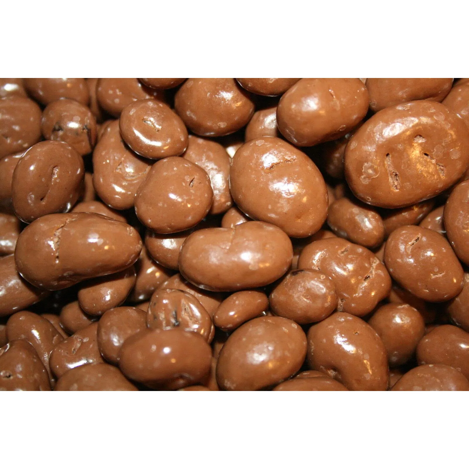 Bayside Candy Milk Chocolate Raisins: close up of the pieces