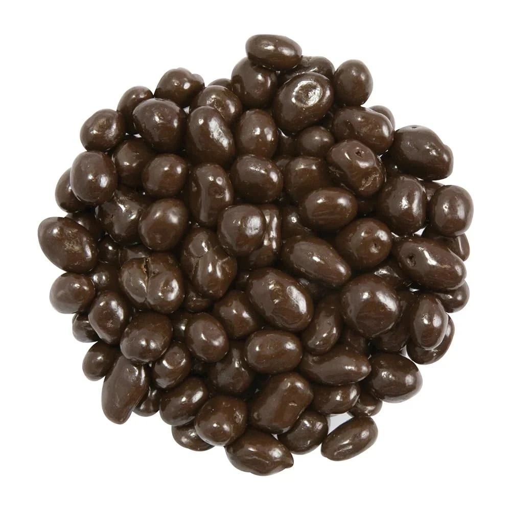 Bayside Candy Belgian Dark Chocolate Covered Raisins: close up of the pieces
